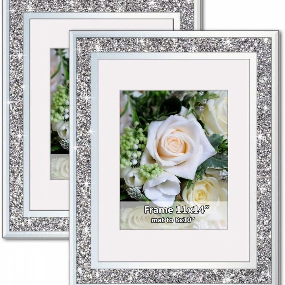 Crushed Diamond Wedding Mirror Photo Frame, Crystal Silver Glass Picture Frame F - Picture 1 of 7